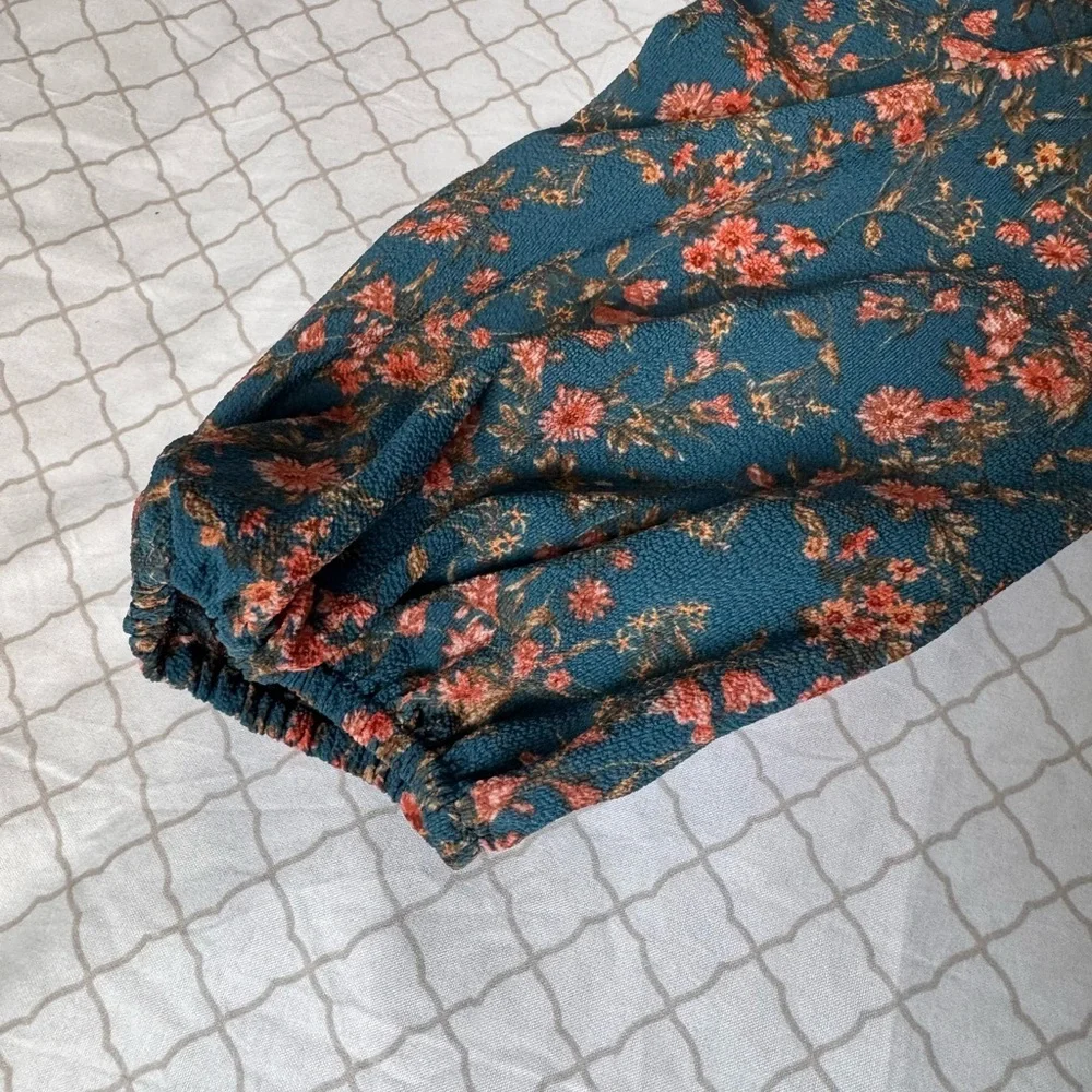 Elegant Floral Wrap Dress - Blue and Orange - Picture 6 of 10
